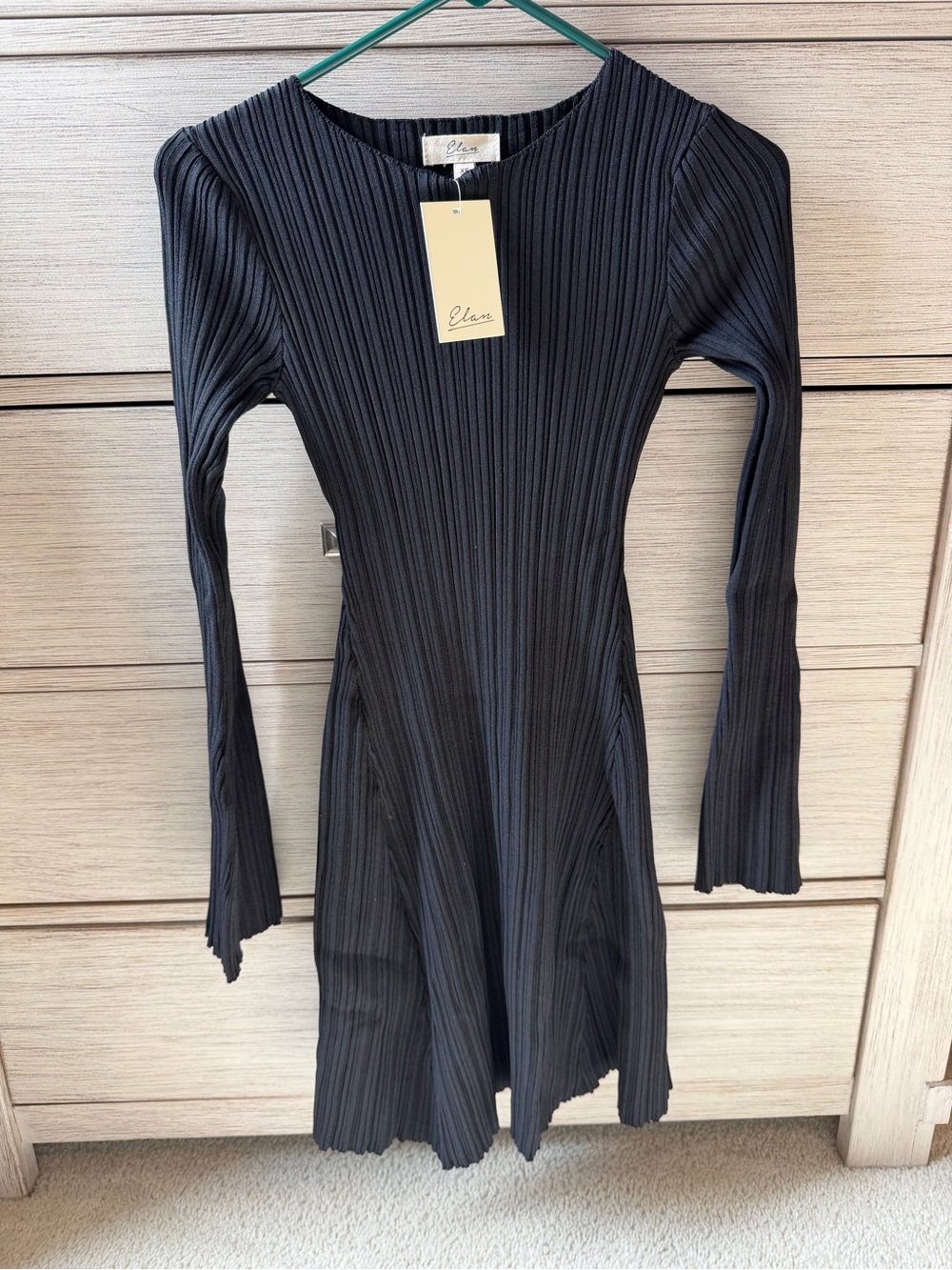 Elan Black Ribbed Long Sleeve Fit-and-Flare Dress